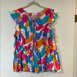 Ruffled Flutter Sleeve Blouse in Pink and Blue